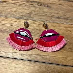 Lips with pink fringe earrings
